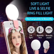 Clip-on selfie ring light on a phone showing soft even lighting