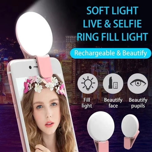 Clip-on selfie ring light on a phone showing soft even lighting