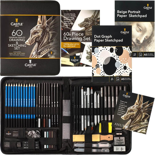 Castle Arts 60 piece drawing and sketching set in zip up carry case