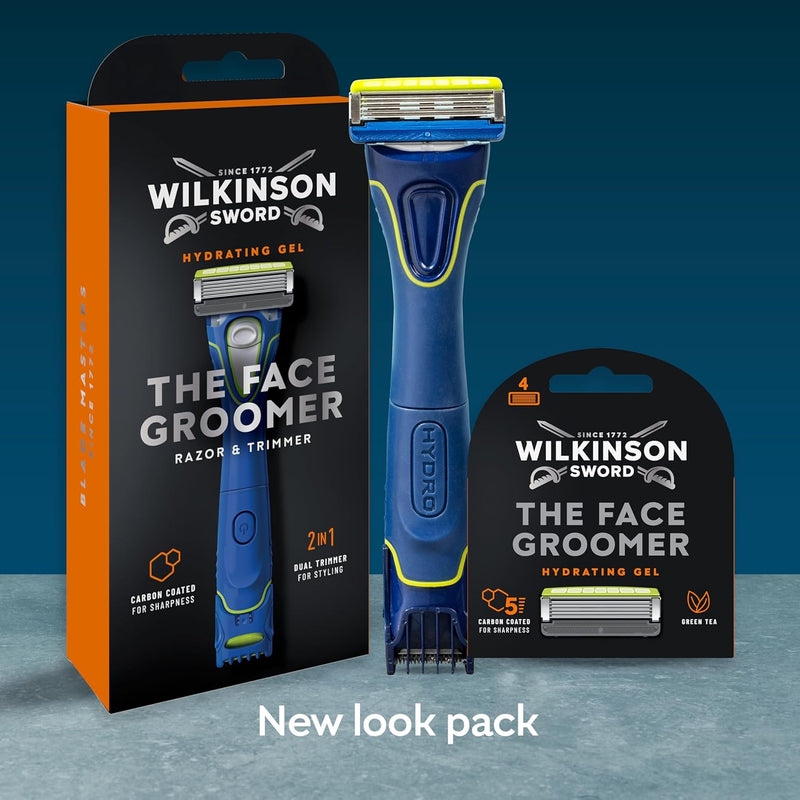 Wilkinson Sword Face Groomer new look pack shown with Hydro blade refills