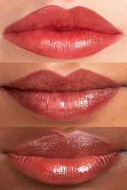 Three lip swatches showing the buildable Rich Mocha tint, from a sheer glow to full colour