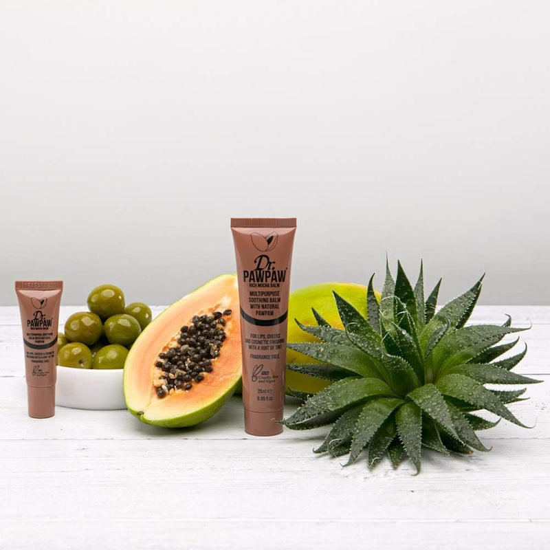 Dr PAWPAW Rich Mocha Balm tubes beside papaya, olives and aloe vera