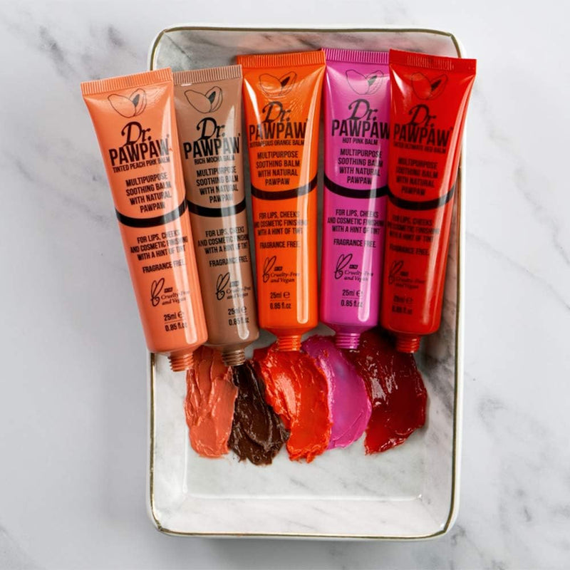 The Dr PAWPAW balm range with colour swatches, showing Rich Mocha alongside the other shades