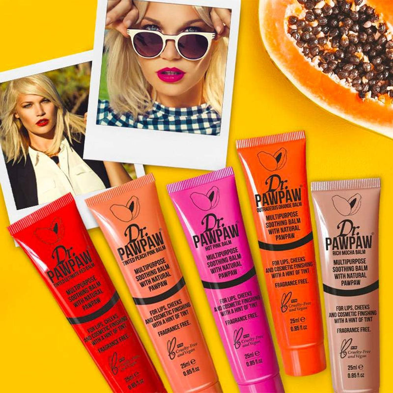Dr PAWPAW multipurpose balm range on a yellow background with model photos