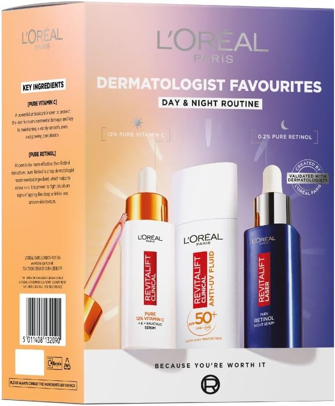 L'Oreal Paris Dermatologist Favourites gift box, back of pack with key ingredients