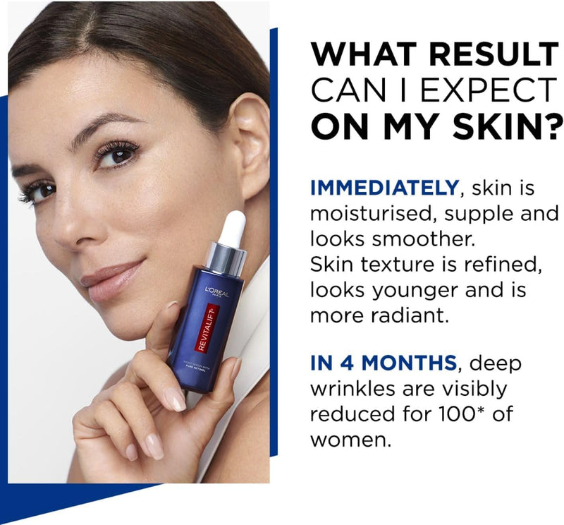 Woman holding the Revitalift Pure Retinol night serum, with the results to expect explained