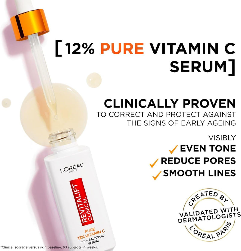 L'Oreal Revitalift Clinical 12% Pure Vitamin C Serum, clinically proven to even tone and smooth lines