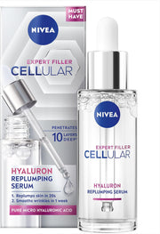 NIVEA Cellular Expert Filler Hyaluron Replumping Serum 30ml, bottle and carton