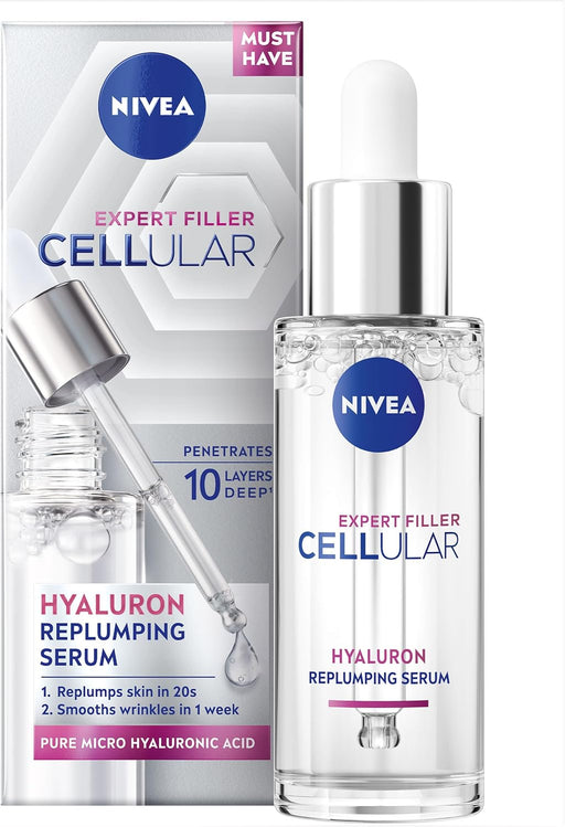 NIVEA Cellular Expert Filler Hyaluron Replumping Serum 30ml, bottle and carton