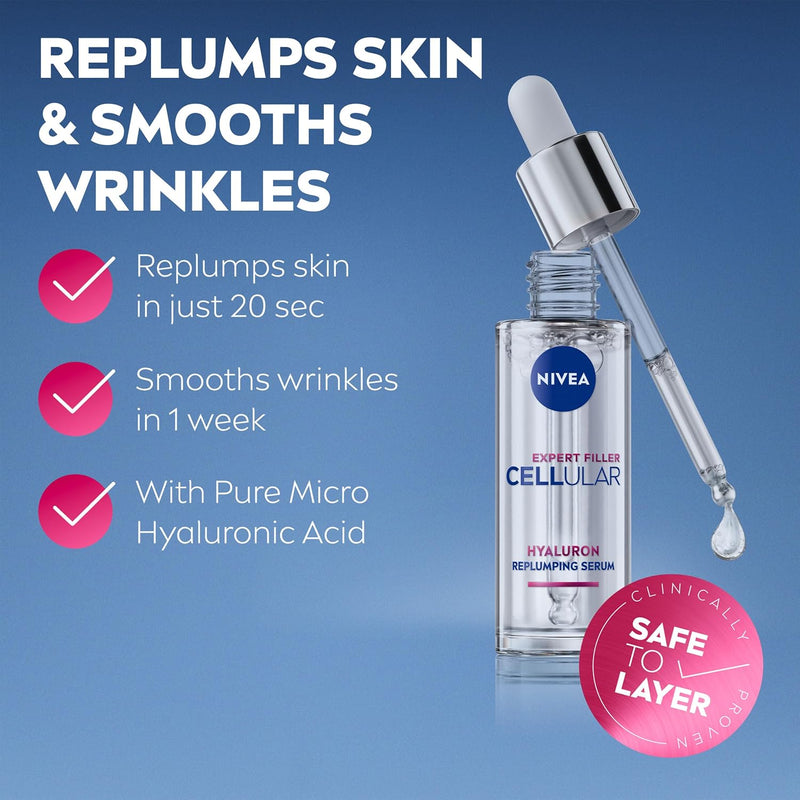 NIVEA Hyaluron Replumping Serum replumps skin in 20 seconds and smooths wrinkles in one week