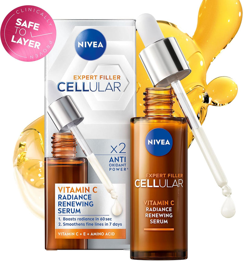 NIVEA Cellular Expert Filler Vitamin C Radiance Renewing Serum 30ml, bottle and carton
