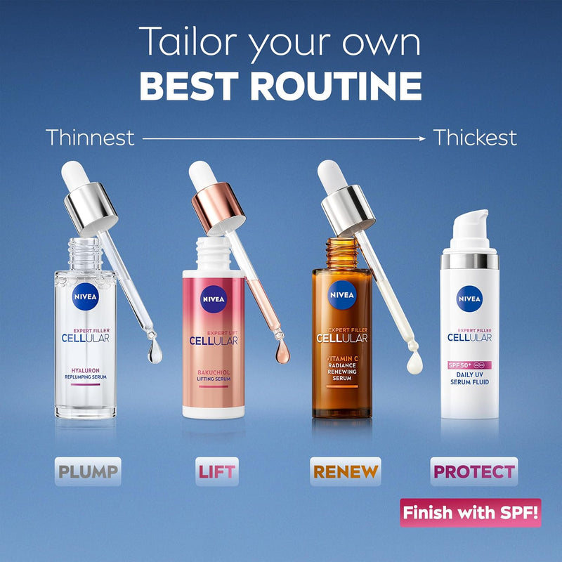 The NIVEA Cellular Expert Filler serum range from thinnest to thickest, finishing with SPF