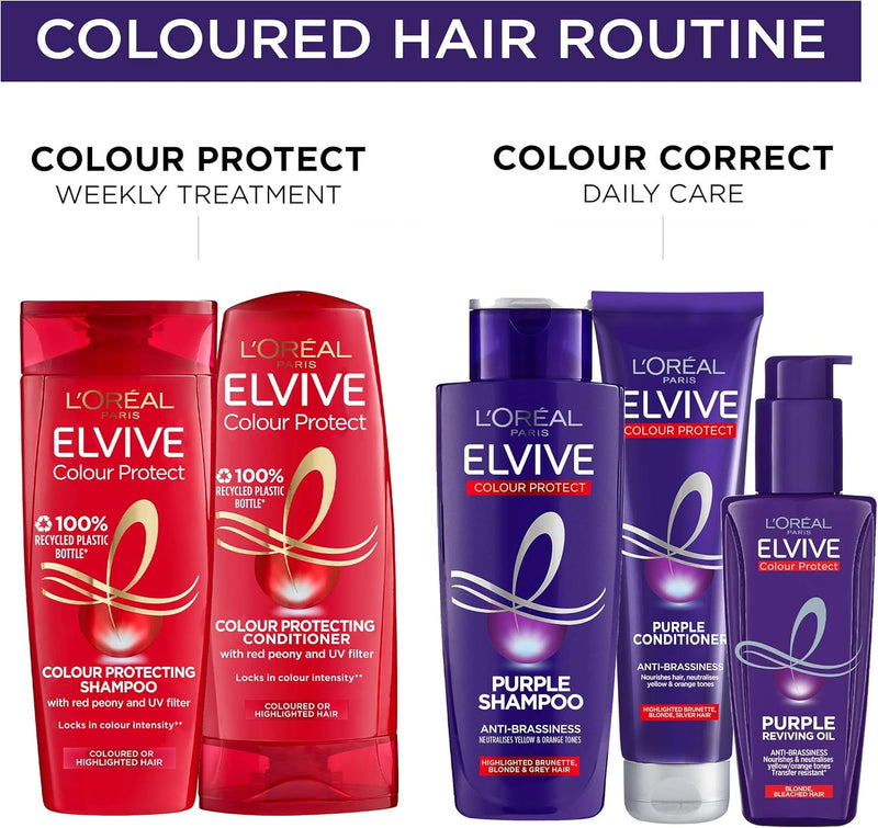 The L'Oreal Elvive Colour Protect coloured hair routine, from shampoo through to the purple reviving oil