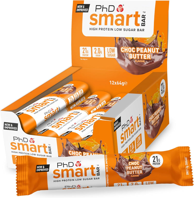 PhD Smart Bar Chocolate Peanut Butter, box of 12 x 64g bars with a single bar in front