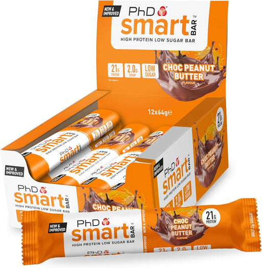 PhD Smart Bar Chocolate Peanut Butter, box of 12 x 64g bars with a single bar in front