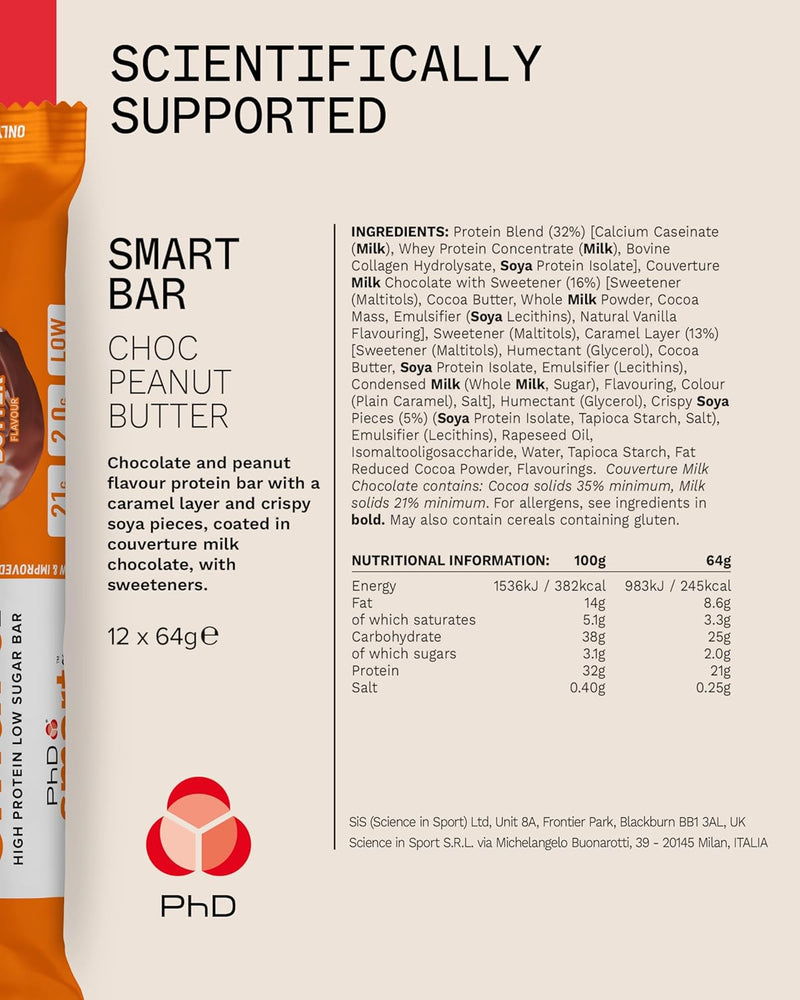 PhD Smart Bar Chocolate Peanut Butter ingredients and nutritional information panel