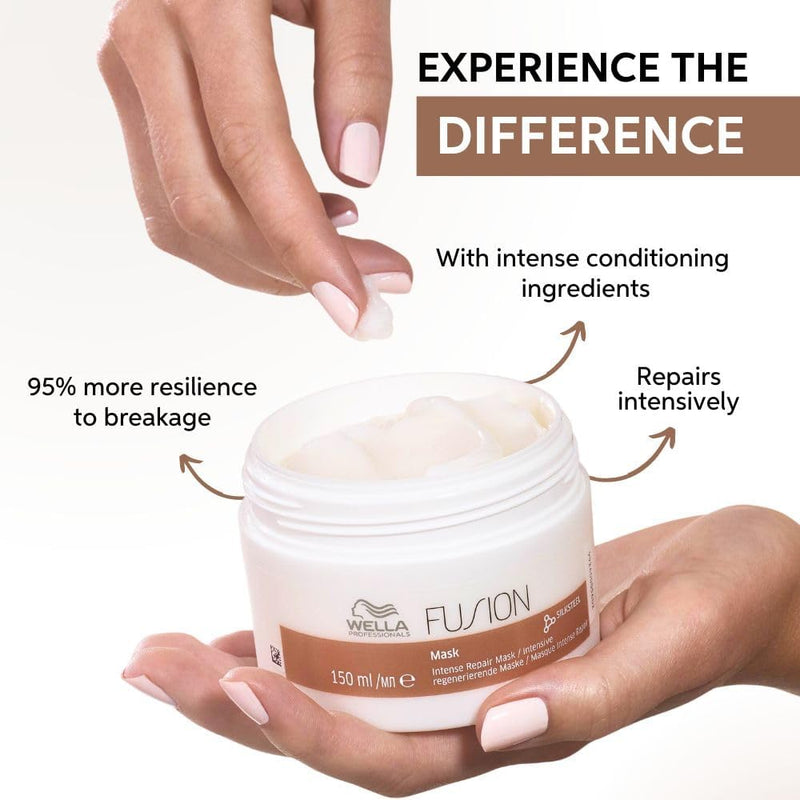 Hands holding the Wella Fusion mask, giving 95% more resilience to breakage and intense repair