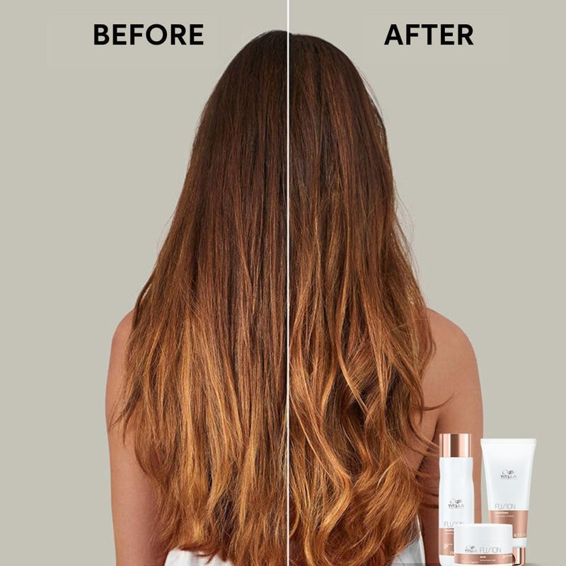 Before and after: damaged hair compared with hair treated with Wella Fusion Intense Repair Mask