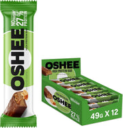 Oshee High Protein Bar peanut and caramel shown with the 12 x 49g box