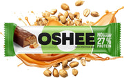 Oshee peanut and caramel protein bar with a splash of caramel and peanuts