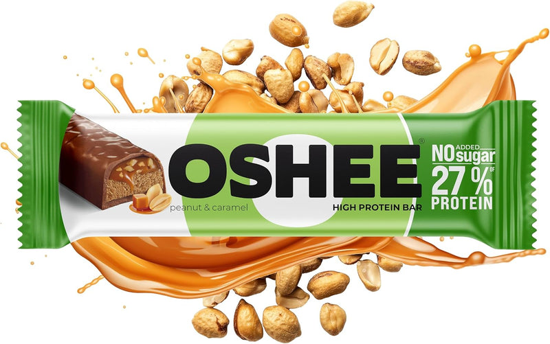 Oshee peanut and caramel protein bar with a splash of caramel and peanuts