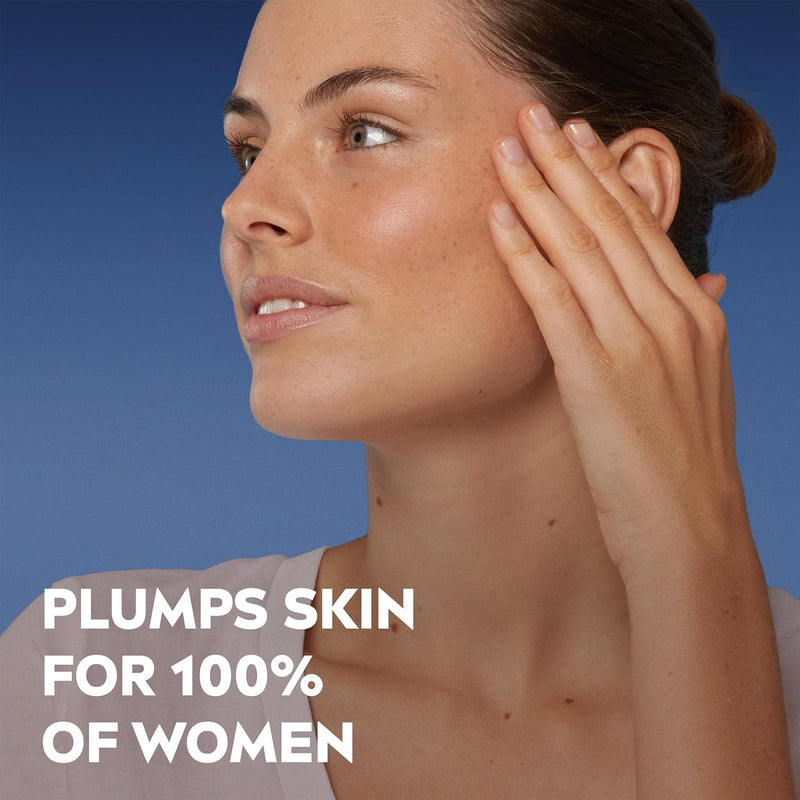 Model applying NIVEA Hyaluron Replumping Serum, which plumps skin for 100% of women