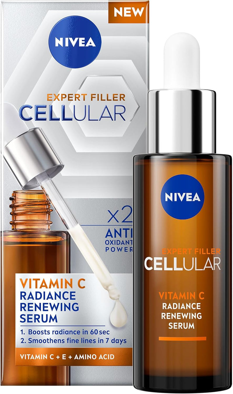 NIVEA Cellular Expert Filler Vitamin C Radiance Renewing Serum bottle beside its carton