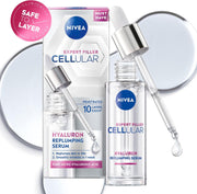 NIVEA Cellular Expert Filler Hyaluron Replumping Serum bottle shown with its carton