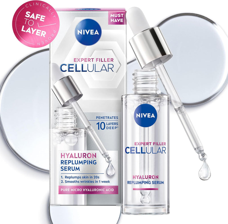 NIVEA Cellular Expert Filler Hyaluron Replumping Serum bottle shown with its carton