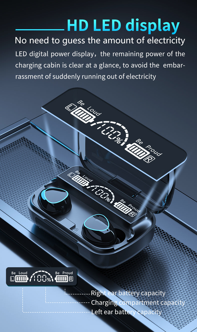 M10 Earphones – HD LED Display Showing Battery Levels for Case and Each Earbud
