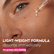 Dropper releasing a lightweight drop of serum onto skin, absorbs immediately with no greasy feel