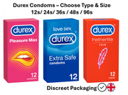 Durex condoms multipack options – Pleasure Max, Extra Safe, and Fetherlite Thin – available in 12, 24, 36, 48, and 96 packs with discreet UK delivery