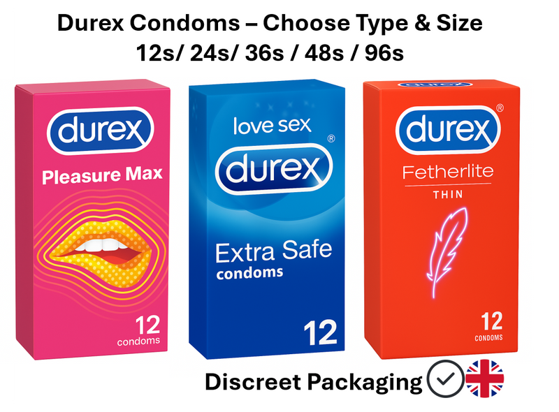 Durex condoms multipack options – Pleasure Max, Extra Safe, and Fetherlite Thin – available in 12, 24, 36, 48, and 96 packs with discreet UK delivery